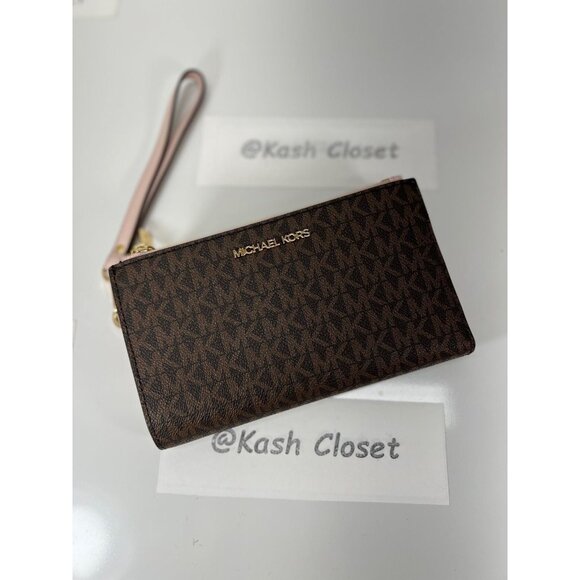 Michael Kors wallet double zip wristlet large MK signature powder blush brown - Picture 2 of 8
